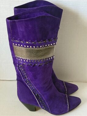 Vintage El Vaquero Purple Boots Calf High Suede / Leather Women's Size 6.5